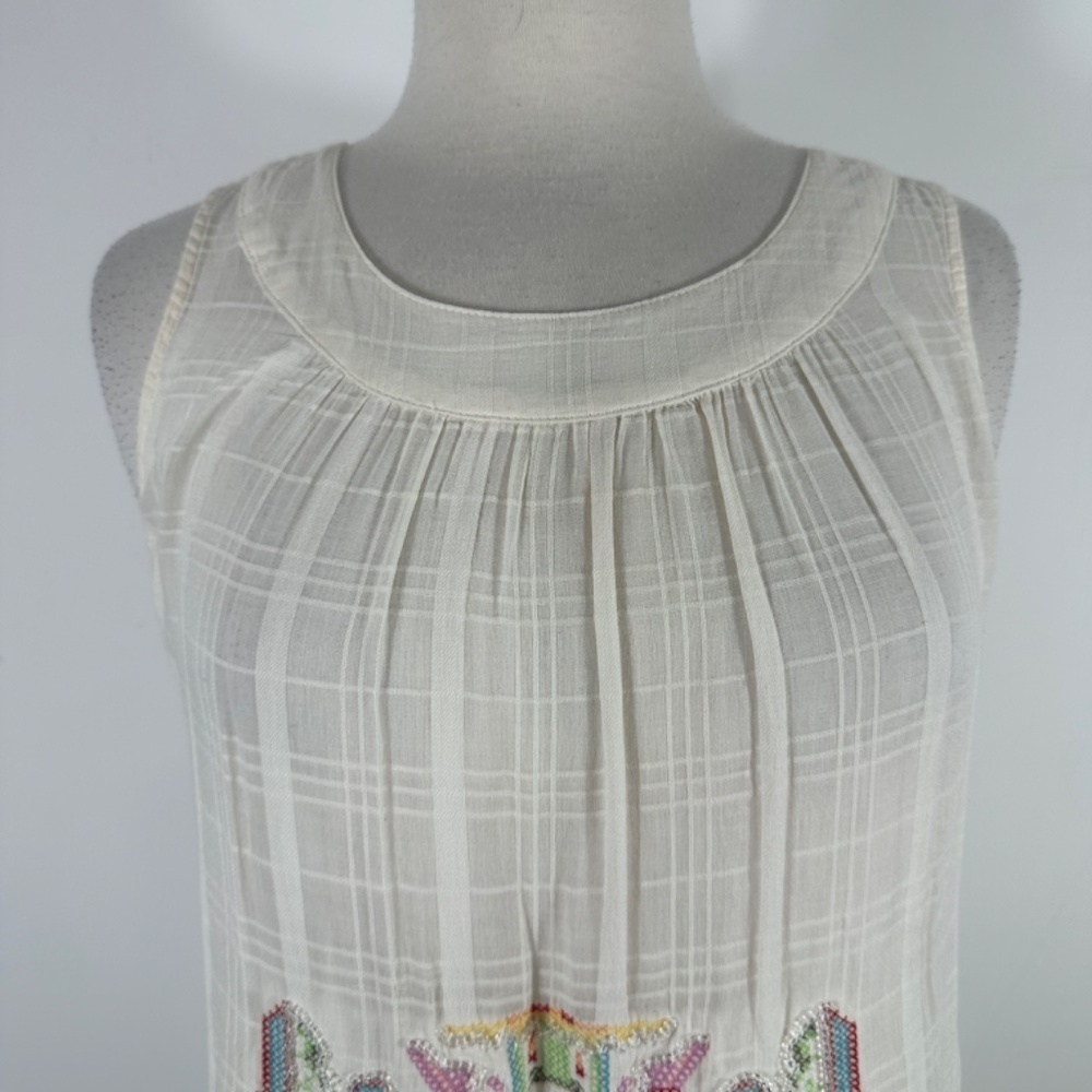 Y2K Da-Nang White Boho Sleeveless Cotton Embroidery Beaded Shift Dress Size S - Picture 7 of 15